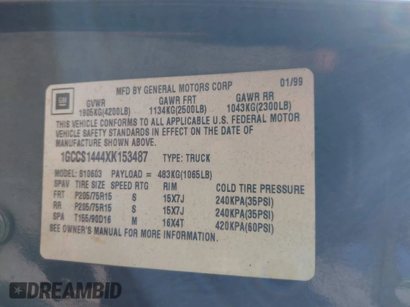 1999 Chevrolet S-10 LS with VIN 1GCCS1444XK153487, listed as a IAAI auction lot 41994464 with 190,403 mi miles and . Bid and sale history available at DreamBid. Image 9.