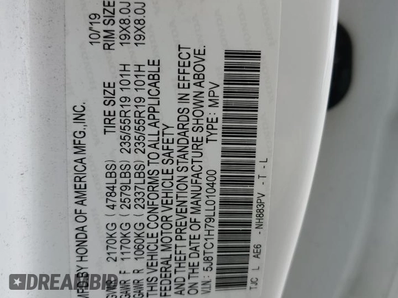 2020 Acura RDX Advance with VIN 5J8TC1H79LL010400, listed as a Copart auction lot 50959845 with Not provided miles and Salvage title. Bid and sale history available at DreamBid. Image 14.