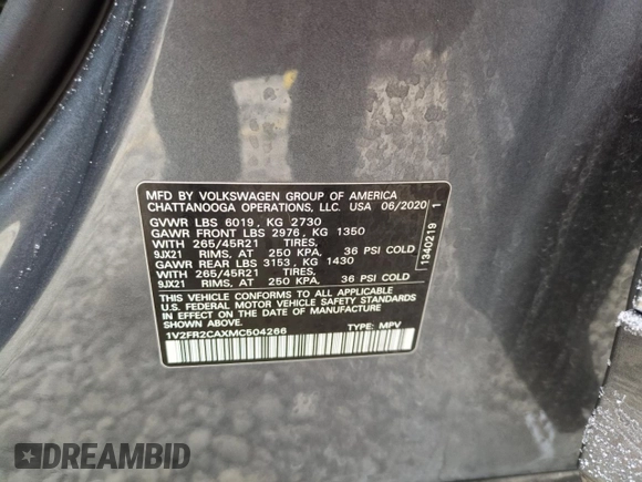 2021 Volkswagen Atlas SEL Premium R-Line with VIN 1V2FR2CAXMC504266, listed as a Copart auction lot 83376524 with 65,375 mi miles and Salvage title. Bid and sale history available at DreamBid. Image 12.