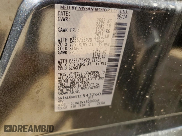 2014 Infiniti QX60 with VIN 5N1AL0MM7EC543260, listed as a Copart auction lot 60425745 with 103,094 mi miles and Salvage title. Bid and sale history available at DreamBid. Image 14.
