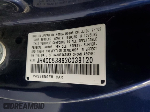 2002 Acura RSX Manual with VIN JH4DC53862C039120, listed as a Copart auction lot 71610304 with 240,505 mi miles and Salvage title. Bid and sale history available at DreamBid. Image 13.