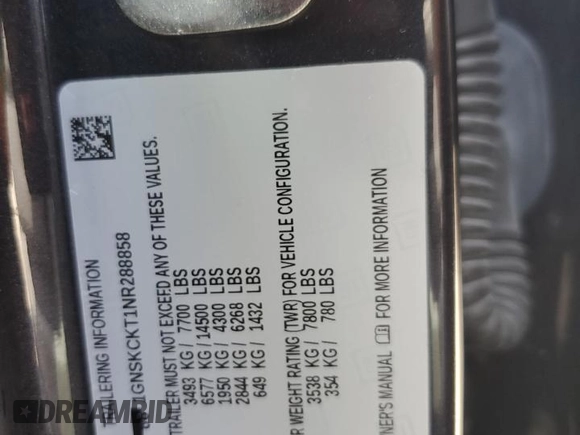 2022 Chevrolet Suburban LT z VIN 1GNSKCKT1NR288858, wystawiony jako Copart lot #56998095 z przebiegiem 96 859 mil mil oraz Szkoda całkowita • Salvage title. Historia ofert i sprzedaży dostępna na DreamBid. Obrazek 13.