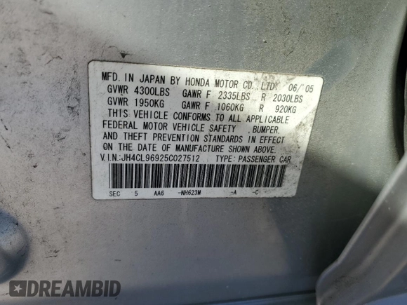 2005 Acura TSX with VIN JH4CL96925C027512, listed as a Copart auction lot 53091435 with 270,594 mi miles and Salvage Title. Bid and sale history available at carsss.com. Image 12.