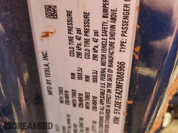 2021 Tesla Model 3 Standard Range Plus with VIN 5YJ3E1EA2MF088966, listed as a Copart auction lot 47001535 with 100,963 mi miles and Non Repairable. Bid and sale history available at DreamBid. Image 12.