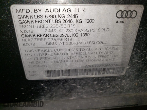2015 Audi Q5 Premium Plus with VIN WA1LFAFP2FA074636, listed as a Copart auction lot 60327565 with 132,084 mi miles and Salvage title. Bid and sale history available at DreamBid. Image 13.