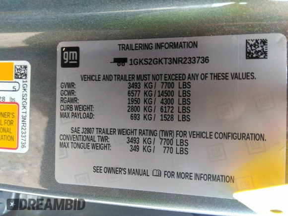 2022 GMC Yukon XL SLT with VIN 1GKS2GKT3NR233736, listed as a IAAI auction lot 37293147 with 27,196 mi miles. Bid and sale history available at carsss.com. Image 9.