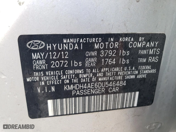 2013 Hyundai Elantra GLS PZEV with VIN KMHDH4AE6DU546484, listed as a Copart auction lot 86508924 with 135,475 mi miles and Salvage Title. Bid and sale history available at carsss.com. Image 12.