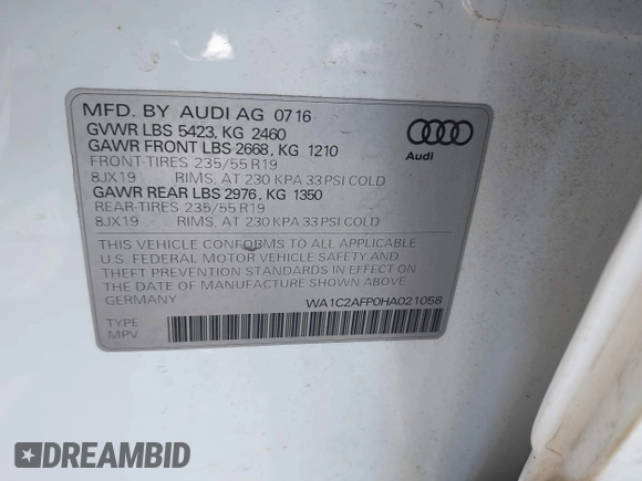 2017 Audi Q5 Premium with VIN WA1C2AFP0HA021058, listed as a IAAI auction lot 42091791 with 82,297 mi miles and . Bid and sale history available at DreamBid. Image 9.