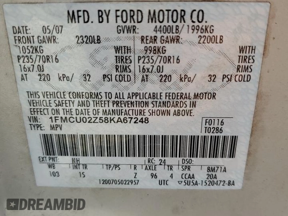 2008 Ford Escape XLS с VIN 1FMCU02Z58KA67248, выставлен на аукционе Copart как лот 47684705 с пробегом 199 787 миль миль и Чистый • Clean title. История ставок и продаж доступна на DreamBid. Изображение 12.
