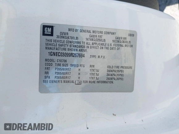 2009 Chevrolet Tahoe Police with VIN 1GNEC03099R267694, listed as a IAAI auction lot 41625587 with 141,918 mi miles and . Bid and sale history available at DreamBid. Image 9.