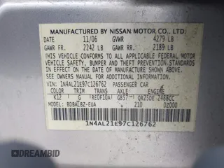 2007 Nissan Altima 2.5 S with VIN 1N4AL21E97C126762, listed as a IAAI auction lot 42033441 with 231,347 mi miles. Bid and sale history available at carsss.com. Image 9.