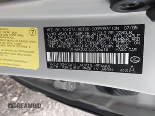 2005 Lexus ES 350 with VIN JTHBA30G155136618, listed as a IAAI auction lot 42268707 with 173,304 mi miles and . Bid and sale history available at DreamBid. Image 9.