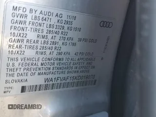 2019 Audi Q8 Prestige with VIN WA1FVAF15KD019070, listed as a Copart auction lot 43089295 with 67,498 mi miles and Non repairable. Bid and sale history available at DreamBid. Image 14.