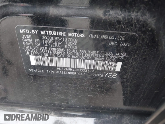 2022 Mitsubishi Mirage ES z VIN ML32AUHJ2NH003729, wystawiony jako IAAI lot #40956433 z przebiegiem 38 536 mil mil oraz . Historia ofert i sprzedaży dostępna na DreamBid. Obrazek 9.