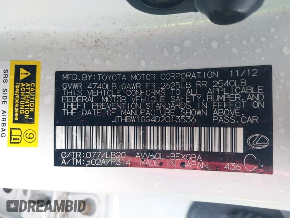 2013 Lexus ES 300h with VIN JTHBW1GG4D2013536, listed as a IAAI auction lot 41979270 with 98,515 mi miles and . Bid and sale history available at DreamBid. Image 9.