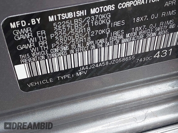 2018 Mitsubishi Outlander SEL z VIN JA4J24A58JZ058655, wystawiony jako IAAI lot #42569775 z przebiegiem 111 370 mil mil oraz . Historia ofert i sprzedaży dostępna na DreamBid. Obrazek 9.