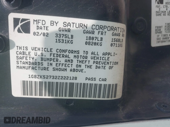 2002 Saturn SL с VIN 1G8ZK52732Z222128, выставлен на аукционе IAAI как лот 42476981 с пробегом 165 454 миль миль и . История ставок и продаж доступна на DreamBid. Изображение 9.