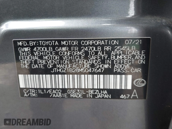 2021 Lexus IS 350 F Sport with VIN JTHGZ1B28M5047647, listed as a IAAI auction lot 41520143 with 27,544 mi miles and . Bid and sale history available at DreamBid. Image 9.
