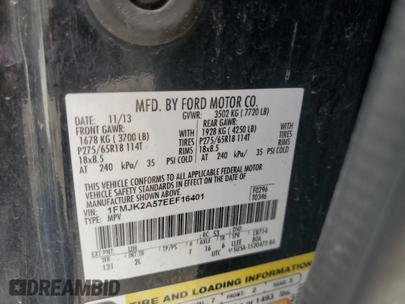 2014 Ford Expedition Max Limited с VIN 1FMJK2A57EEF16401, выставлен на аукционе Copart как лот 55783615 с пробегом 247 769 миль миль и Списание • Salvage title. История ставок и продаж доступна на DreamBid. Изображение 13.