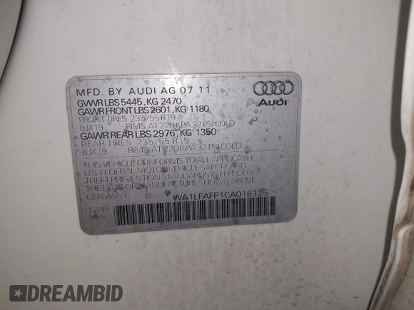2012 Audi Q5 Premium Plus with VIN WA1LFAFP1CA016125, listed as a IAAI auction lot 41878527 with 87,813 mi miles and . Bid and sale history available at DreamBid. Image 9.