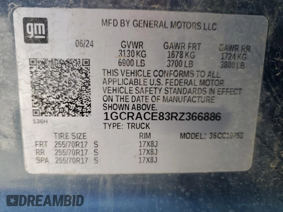 2024 Chevrolet Silverado 1500 with VIN 1GCRACE83RZ366886, listed as a Copart auction lot 42743435 with Not Provided miles and Salvage Title. Bid and sale history available at DreamBid. Image 12.