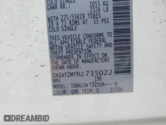 2020 Nissan Rogue S with VIN 5N1AT2MT9LC735022, listed as a IAAI auction lot 42275208 with 72,501 mi miles and . Bid and sale history available at DreamBid. Image 9.