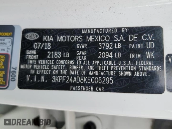 2019 Kia Forte LXS with VIN 3KPF24AD8KE006295, listed as a Copart auction lot 58470675 with 100,879 mi miles and Salvage title. Bid and sale history available at DreamBid. Image 12.