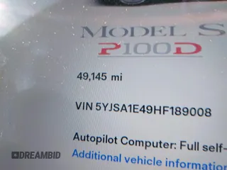 2017 Tesla Model S 100D with VIN 5YJSA1E49HF189008, listed as a IAAI auction lot 42051518 with 49,145 mi miles and . Bid and sale history available at DreamBid. Image 16.