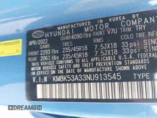 2022 Hyundai Kona Limited with VIN KM8K53A33NU913545, listed as a IAAI auction lot 41879560 with 21,416 mi miles. Bid and sale history available at carsss.com. Image 9.