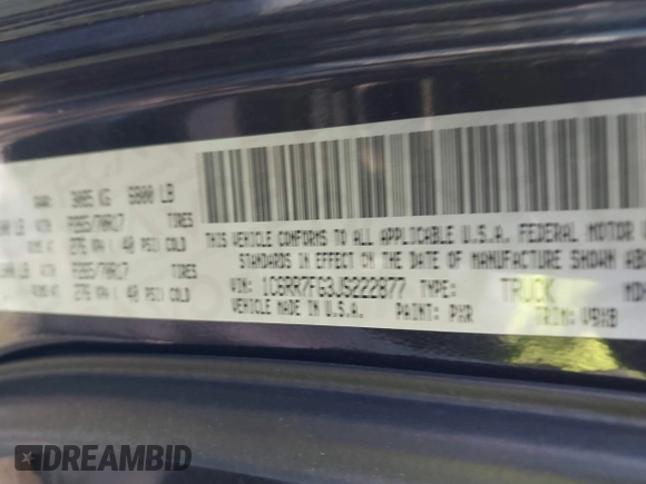 2018 Ram 1500 Tradesman with VIN 1C6RR7FG3JS222877, listed as a IAAI auction lot 41506573 with 133,167 mi miles and . Bid and sale history available at DreamBid. Image 9.