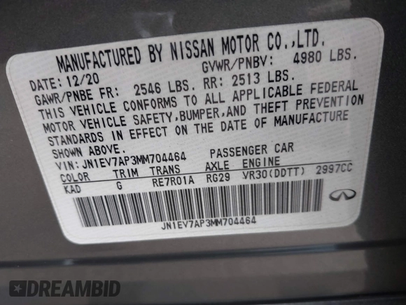 2021 Infiniti Q50 Pure with VIN JN1EV7AP3MM704464, listed as a IAAI auction lot 41915813 with 28,596 mi miles and . Bid and sale history available at DreamBid. Image 9.