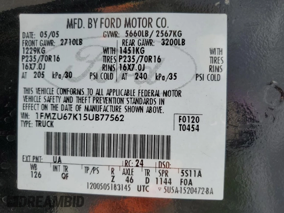 2005 Ford Explorer Sport Trac XLS z VIN 1FMZU67K15UB77562, wystawiony jako Copart lot #59619895 z przebiegiem 122 810 mil mil oraz Szkoda całkowita • Salvage title. Historia ofert i sprzedaży dostępna na DreamBid. Obrazek 12.