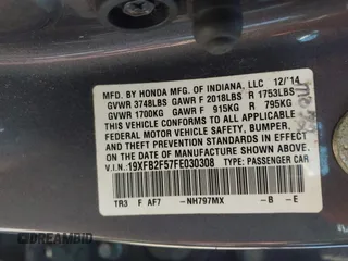 2015 Honda Civic Sedan LX with VIN 19XFB2F57FE030308, listed as a IAAI auction lot 41858216 with 190,293 mi miles. Bid and sale history available at carsss.com. Image 9.