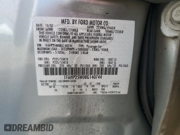 2008 Ford Taurus Limited with VIN 1FAHP25W08G140744, listed as a Copart auction lot 77228964 with 33,416 mi miles and Salvage Title. Bid and sale history available at carsss.com. Image 12.