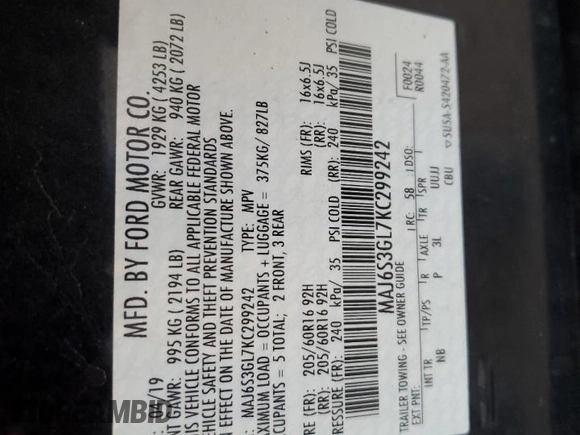 2019 Ford EcoSport SE z VIN MAJ6S3GL7KC299242, wystawiony jako Copart lot #57782615 z przebiegiem 75 243 mil mil oraz Szkoda całkowita • Salvage title. Historia ofert i sprzedaży dostępna na DreamBid. Obrazek 13.
