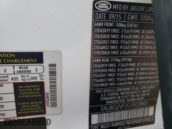 2016 Land Rover Range Rover Sport SE with VIN SALWG2VF2GA553843, listed as a Copart auction lot 56720845 with 102,197 mi miles and Salvage title. Bid and sale history available at DreamBid. Image 13.