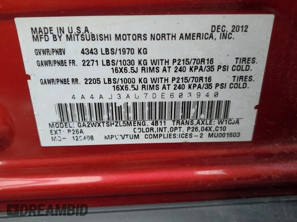2013 Mitsubishi Outlander Sport SE with VIN 4A4AJ3AU7DE603940, listed as a Copart auction lot 83154894 with 193,109 mi miles and Salvage title. Bid and sale history available at DreamBid. Image 13.