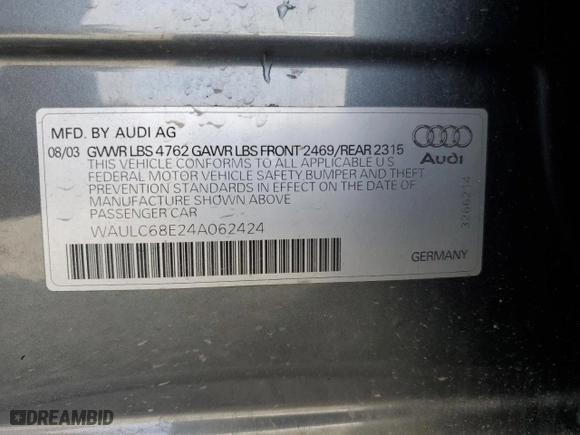 2004 Audi A4 1.8T with VIN WAULC68E24A062424, listed as a Copart auction lot 43200915 with 141,580 mi miles and Salvage Title. Bid and sale history available at carsss.com. Image 14.