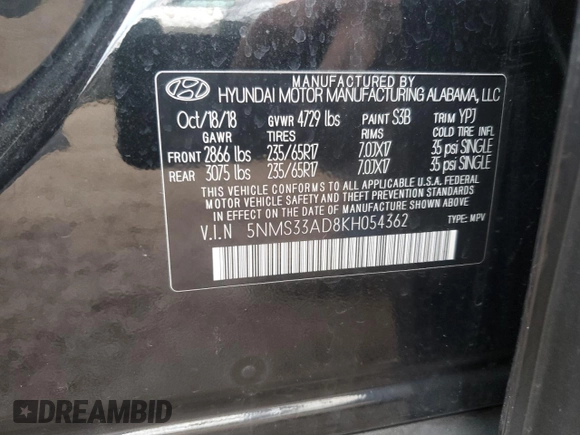 2019 Hyundai Santa Fe SEL with VIN 5NMS33AD8KH054362, listed as a Copart auction lot 49245625 with 43,853 mi miles and Salvage Title. Bid and sale history available at DreamBid. Image 12.