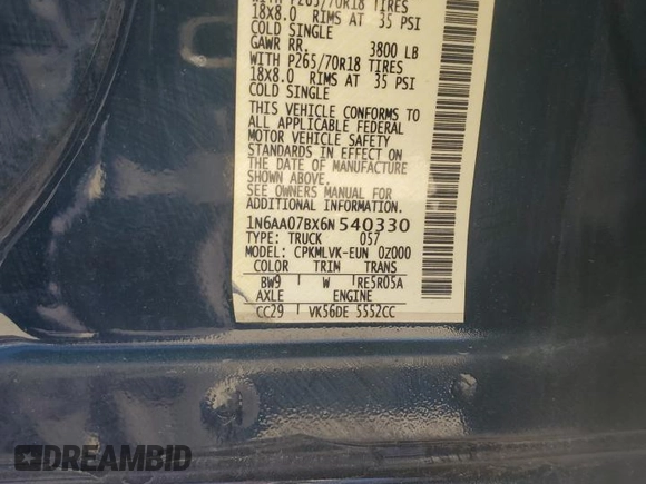 2006 Nissan Titan SE with VIN 1N6AA07BX6N540330, listed as a Copart auction lot 50526555 with 233,859 mi miles and Clean title. Bid and sale history available at DreamBid. Image 12.