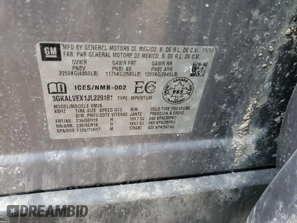 2018 GMC Terrain SLT with VIN 3GKALVEX1JL229181, listed as a Copart auction lot 49145035 with 80,851 mi miles and Salvage Title. Bid and sale history available at DreamBid. Image 13.
