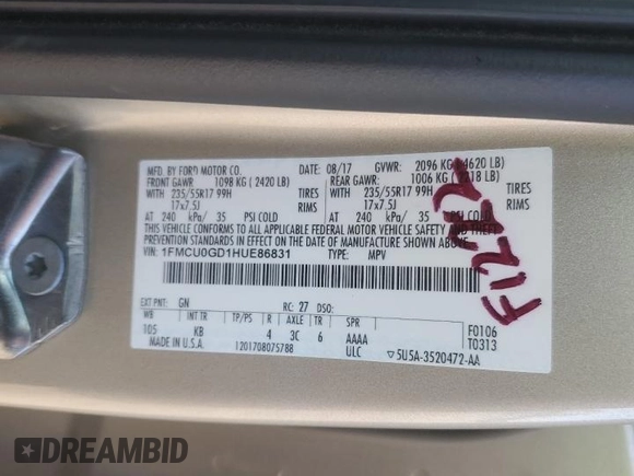 2017 Ford Escape SE with VIN 1FMCU0GD1HUE86831, listed as a Copart auction lot 46753205 with 43,709 mi miles and Salvage Title. Bid and sale history available at carsss.com. Image 13.
