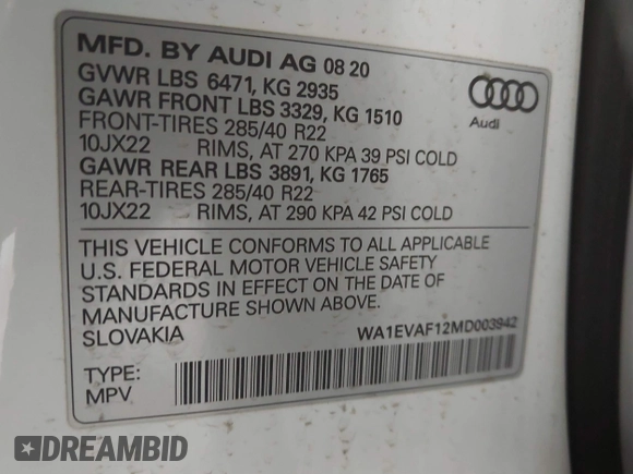2021 Audi Q8 Premium Plus z VIN WA1EVAF12MD003942, wystawiony jako IAAI lot #41369581 z przebiegiem 39 792 mil mil oraz . Historia ofert i sprzedaży dostępna na DreamBid. Obrazek 9.