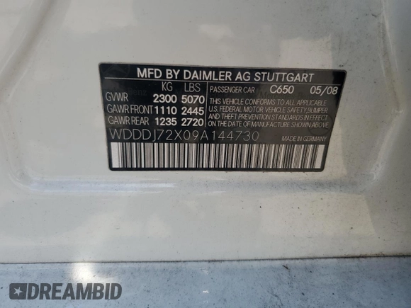 2009 Mercedes-Benz CLS 550 with VIN WDDDJ72X09A144730, listed as a Copart auction lot 62797235 with 116,924 mi miles and Salvage title. Bid and sale history available at DreamBid. Image 12.