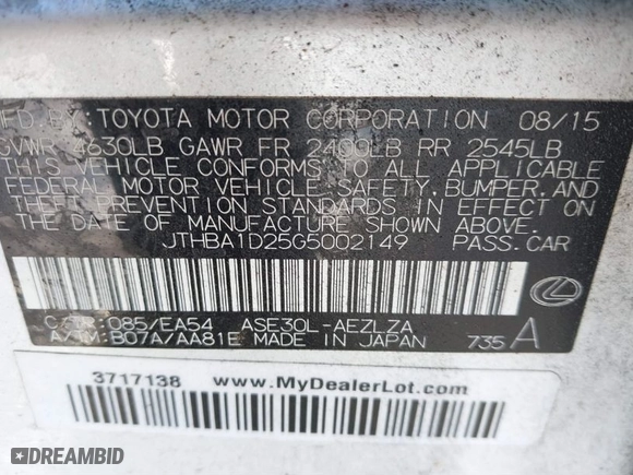 2016 Lexus IS 200t with VIN JTHBA1D25G5002149, listed as a IAAI auction lot 41891161 with 83,014 mi miles. Bid and sale history available at carsss.com. Image 9.
