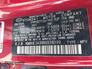 2024 Hyundai Kona Limited with VIN KM8HE3A39RU118399, listed as a IAAI auction lot 41240708 with 1 mi miles. Bid and sale history available at carsss.com. Image 8.