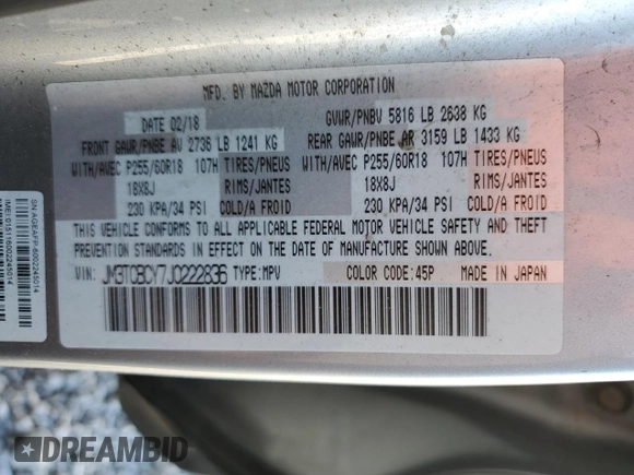 2018 Mazda CX-9 Touring with VIN JM3TCBCY7J0222836, listed as a Copart auction lot 42836505 with 104,755 mi miles and Salvage title. Bid and sale history available at DreamBid. Image 15.