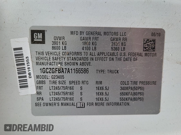 2010 Chevrolet Express Cargo with VIN 1GCZGFBA7A1166586, listed as a IAAI auction lot 42670844 with 161,614 mi miles and . Bid and sale history available at DreamBid. Image 10.