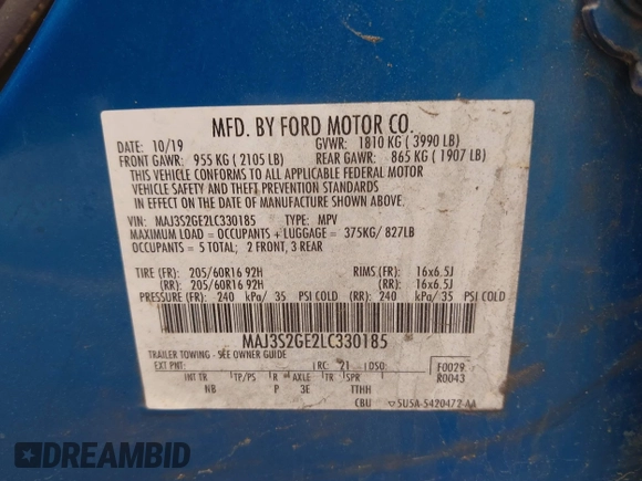 2020 Ford EcoSport SE z VIN MAJ3S2GE2LC330185, wystawiony jako IAAI lot #42361290 z przebiegiem 88 565 mil mil oraz . Historia ofert i sprzedaży dostępna na DreamBid. Obrazek 9.