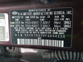 2015 Kia Sorento LX with VIN 5XYKTDA70FG604220, listed as a IAAI auction lot 42060598 with 128,180 mi miles and . Bid and sale history available at DreamBid. Image 9.